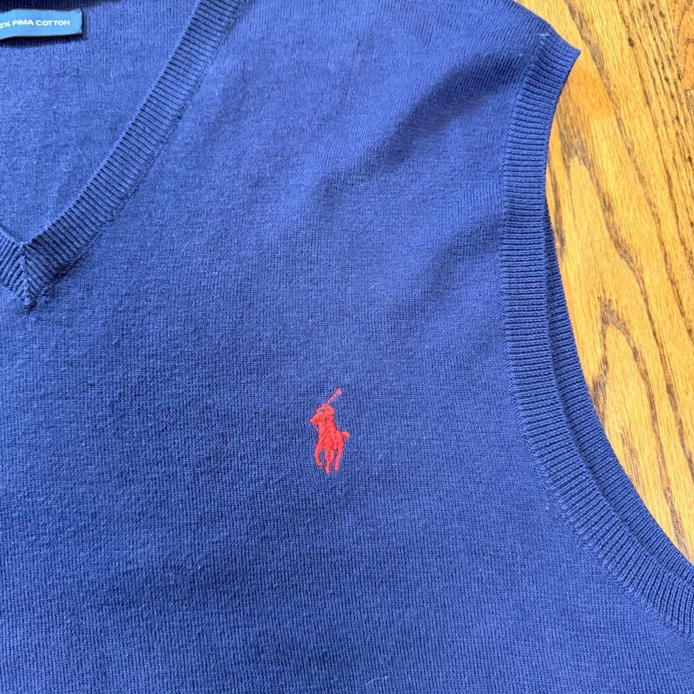 Polo Ralph Lauren Pima Cotton V-Neck Sweater Vest Large Navy Blue Preppy - Picture 3 of 7
